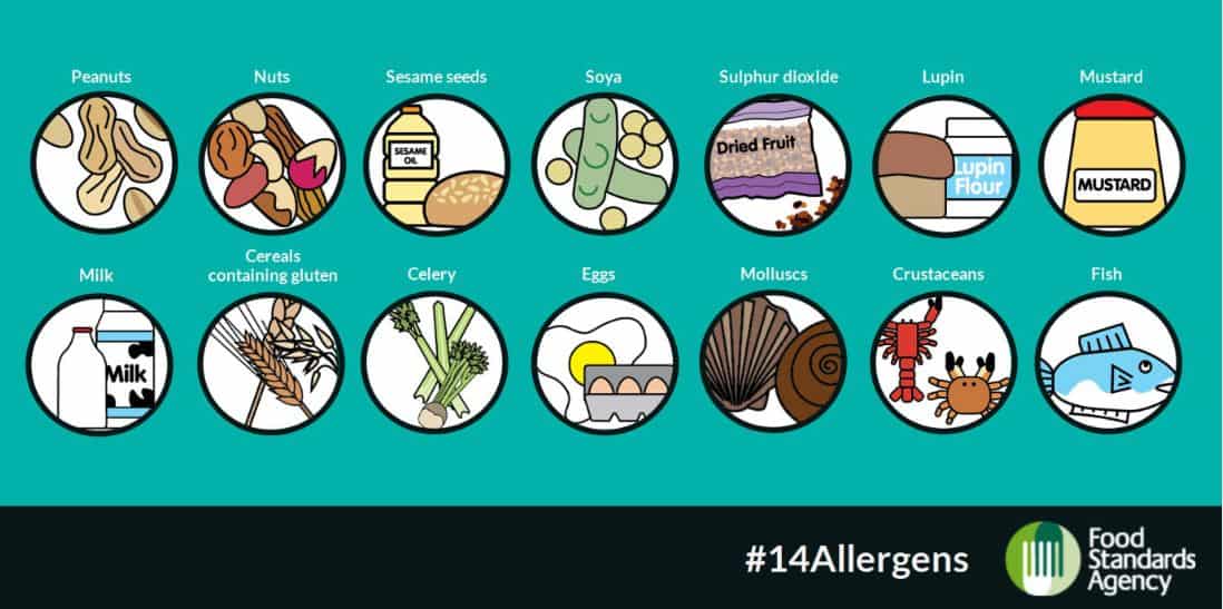 Images of the 14 main allergens including peanut, nuts, sesame seeds, soya, sulphur doxide, lupin, mustard, milk, cereals containing gluten, celery, eggs, molluscs, crustaceans, fish