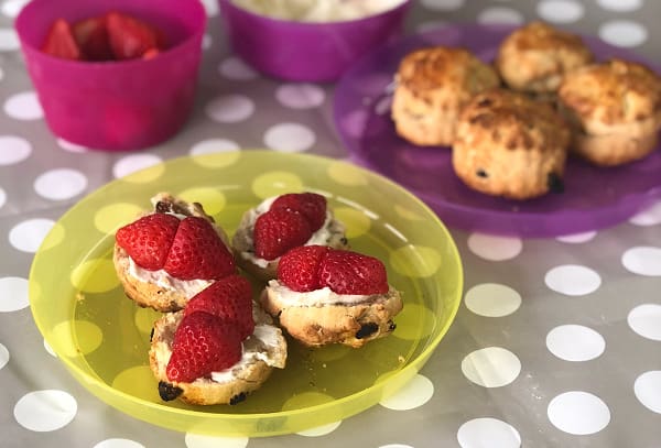 Fruit Scones with cream cheese and strawberries