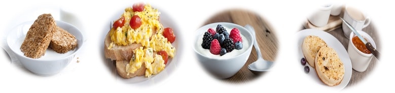 Breakfast ideas in early years settings including weetabix with milk, scrambled egg and tomato on toast, natural yoghurt with mixed berries, crumpets