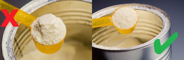 Image split into two sides. Image on the left is incorrect and shows formula milk being heaped in the spoon. Image on the right shows the correct way with the spoon having the formula level