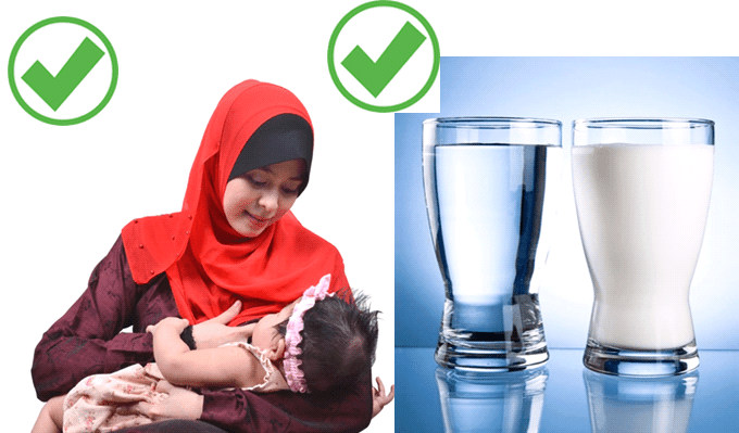Mother breastfeeding and glasses of water and milk