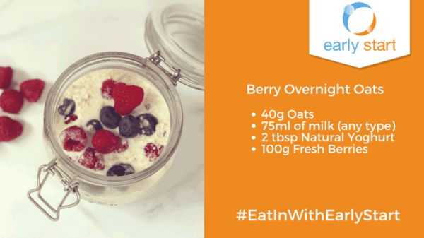 Mixed Berry Oats: 40 g oats, 75 ml of milk (any type), 2 tbsp natural yoghurt, 100 g berries