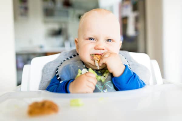 Baby in high chair eating finger food