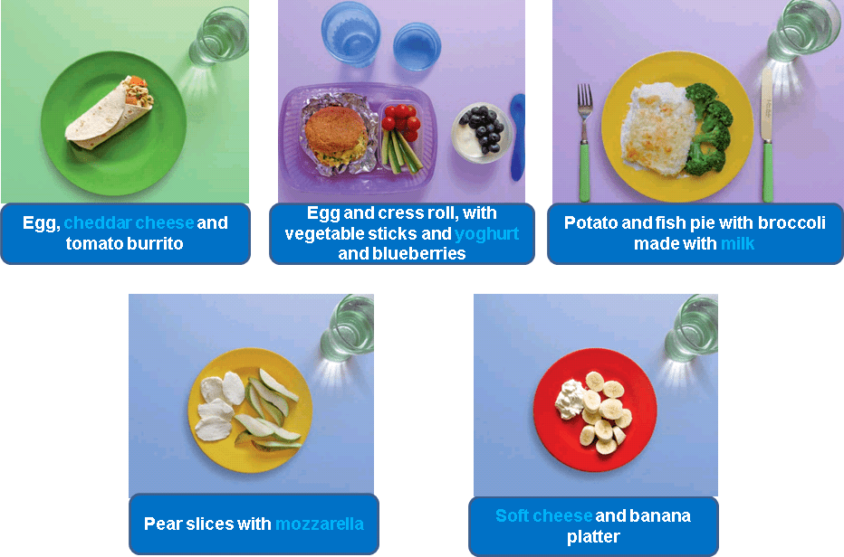 Dairy and Alternative Meal and Snack Ideas: Egg, cheddar cheese and tomato burrito. Egg and cress roll, with vegetable sticks and yoghurt and blueberries. Potato and fish pie with broccoli made with milk. Pear slices with mozzarella. Soft cheese and banana platter.