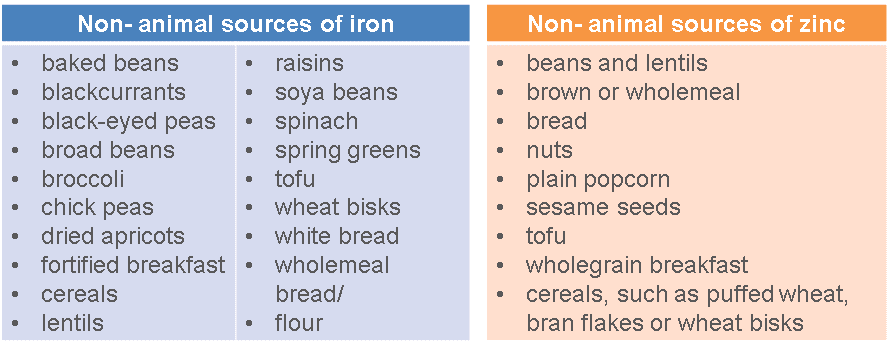Non-Animal Sources of Iron: baked beans, blackcurrants, black-eyed peas, broad beans, broccoli, chickpeas, dried apricots, fortified breakfast cereals, lentils. Non-Animal Sources of Zinc: beans and lentils, brown or wholemeal, bread, nuts, plain popcorn, sesame seeds, tofu, wholegrain breakfast cereals such as puffed wheat, bran flakes or wheat bisks.
