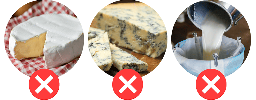 Dairy foods to avoid during pregnancy, including: - mould-ripened soft cheeses with a white coating on the outside - soft blue cheeses - unpasteurised cows' milk, goats' milk, sheep's milk or cream, and any other foods made from unpasteurised milk