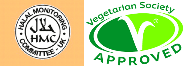 Halal Monitoring Committee UK logo and the Vegetarian Society Approved logo