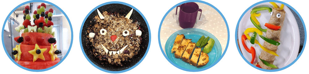 Spotlight images of fun food activities. From left to right there is a watermelon fruit tower, a gruffalo crumble, eggy fingers and a sanwich shaped as a caterpillar