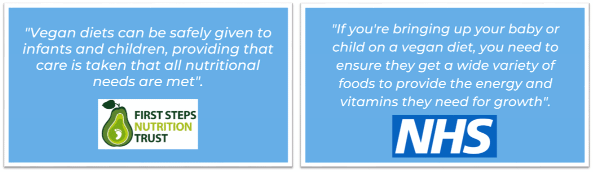Vegan Quotes: Vegan diets can be safely given to infants and children, providing that care is taken that all nutritional needs are met (First Steps Nutrition Trust). If you are bringing up your baby or child on a vegan diet, you need to ensure they get a wide variety of foods to provide the energy and vitamins they need for growth (NHS). 