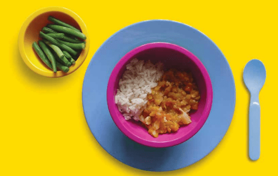 Weaning meal- mashed butternut squash, lentils, cauliflower and carrot with rice and green beans finger food