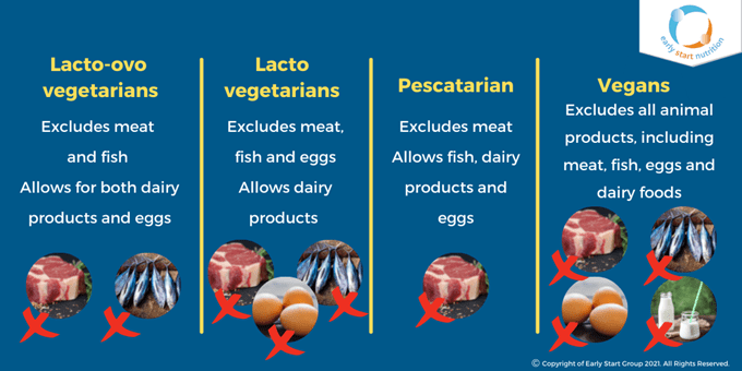 Types of Vegetarian: Lacto-ovo Vegetarians - Excludes meat and fish, allows for both dairy products and eggs. Lacto Vegetarians - Exludes meat, fish and eggs, allows dairy products. Pescatarian - Excludes meat, allows fish, dairy products and eggs. Vegans - Excludes all animal products, including meat, fish, eggs and dairy foods.