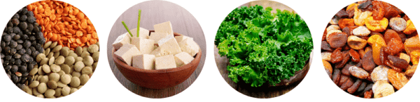 Vegetarian iron rich food examples- lentils, tofu, green leafy vegetables and dried fruit