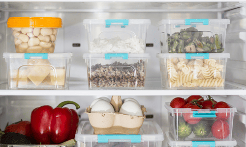 Leftover food stored in the fridge in containers