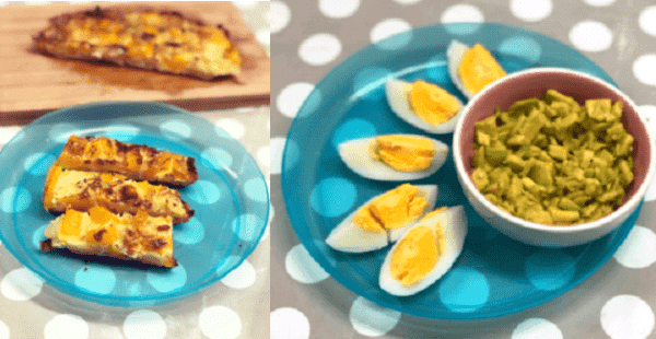 Boiled and eggs and vegetable and fruit on toast