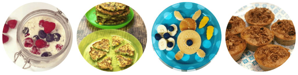 Breakfast ideas- overnight oats with berries, courgette and sweetcorn pancakes, bunny shaped pancakes and vegan breakfast muffins.