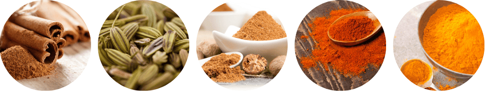 Spice examples- cinnamon, cardamon, nutmeg, paprika, tumeric