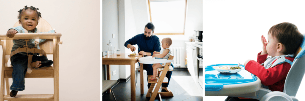 Image of babies sitting in a high chair. One baby is sitting by themselves, one baby is sitting with dad and eating, the third baby is sitting in a highchair eating a meal