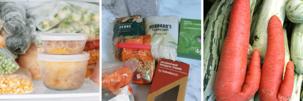 Image of frozen vegetables in containers, image of store cupboard ingredients such as rice, pasta and oats and image of wonky vegetables such as carrots