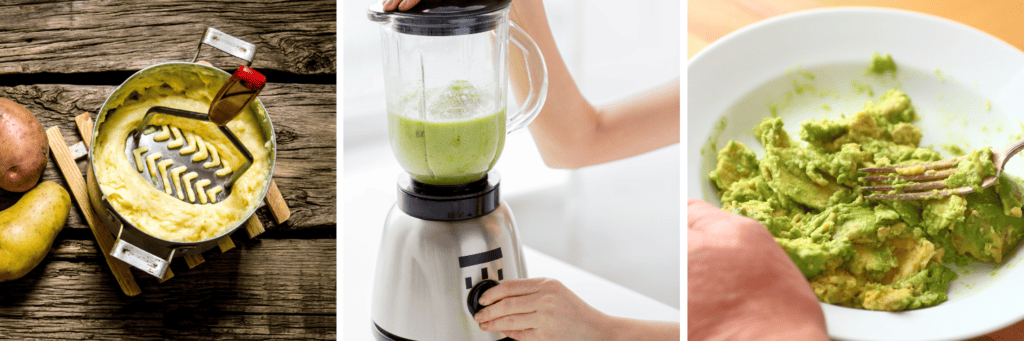 Image of potatoes being mashed with a potato masher to create a lumpy texture. Image of blended spinach in a blender, image of avocado being mashed with a fork