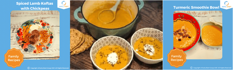 Image of spiced lamb koftas with chickpeas, carrot and lentil soup and tumeric smoothie bowl