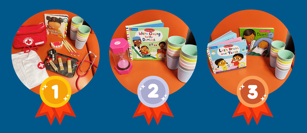 Oral Health Competition Prizes. Prize 1- toy dental kit, children's oral health book, open top cups. Prize 2- tooth brushing timer, children's oral health book, open top cups. Prize 3- two children'd oral health books, open top cups.