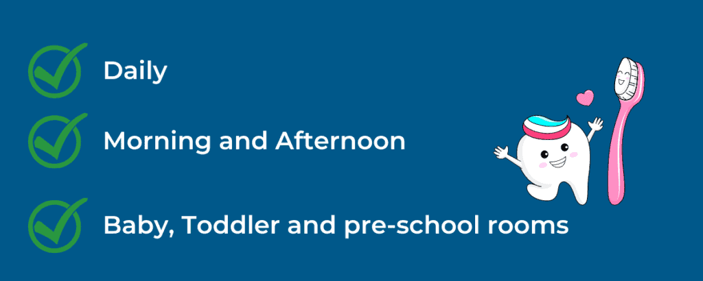 Supervised Toothbrushing Feedback received from Early Years settings in May 2023. Settings reported delivering the programme daily, in the morning and afternoon and in baby, toddler and preschool rooms