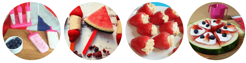 Non cook Pudding Ideas: frozen fruity yoghurt, frozen watermelon lollies, strawberry cheesecake bites, watermelon pizza with yoghurt and berries