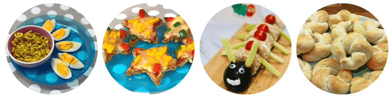 Snack including egg with avocado, mini pizza topped with cheese, sweetcorn, pepper, caterpillar themed sandwich, Hanukkah Bread